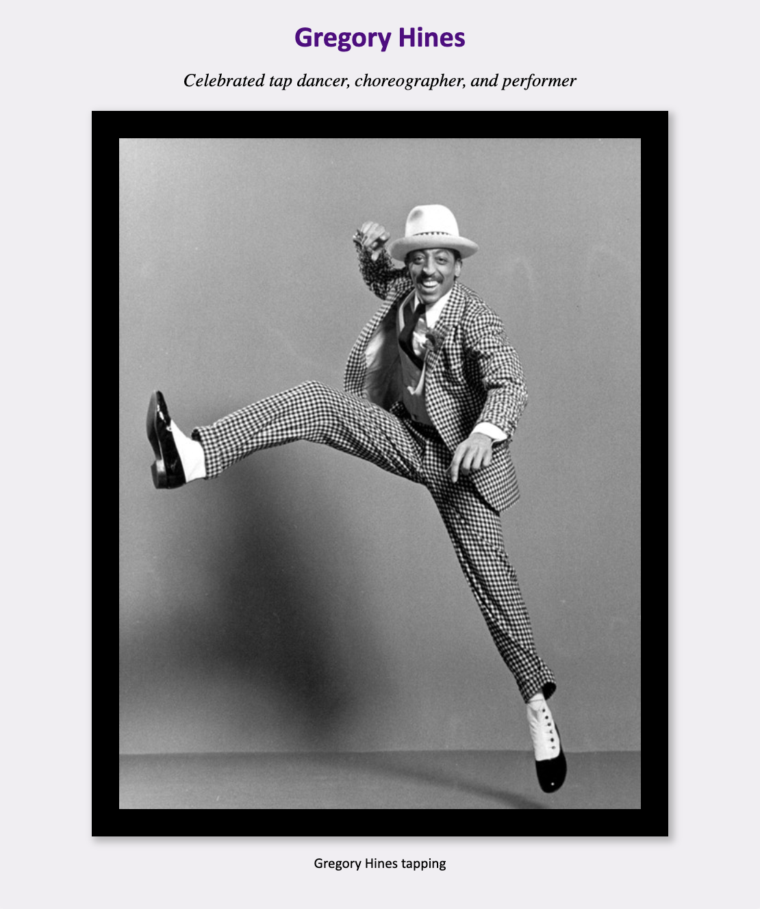 Hines 57 tribute site with black and white picture of Gregory Hines tapping
