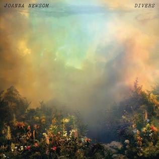 Divers album cover art. Painting of bright orange, green, and blue sun-lit clouds lying low over a rocky ridge and valley, covered in large colorful trees, plants and flowers.