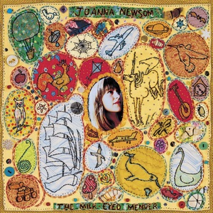 The Milk-Eyed Mender album cover art. Yellow cover with bubbles of childish doodles, the center bubble a side profile photo of Joanna Newsom. Doodles are of themes from the album: a swan, unicorn, mushroom, narwhal, balloon, ammonite, plane, web, clock, satellite dish, bat, planet, leaf, tractor, fish, bug, rooster, and owl.