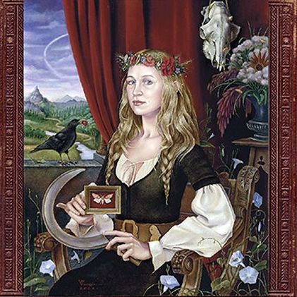 Ys album cover art. A Renaissance style painting of Joanna Newsom from the waist up with Mona Lisa eyes and smile, dressed in Renaissance clothing with wavy hair coming together into two braids and a crown of wildflowers, holding a sickle in one hand and a small framed moth in the other. She sits on a carved wooden chair in front of a parted red drapery, revealing a mountain, forest and river scene. A crow stands next to her on the windowsill with a cherry in its beak. A deer skull hangs next to a vase of purple flowers, and in the foreground, violets bloom from vines that twist and climb the chair from the stone floor.